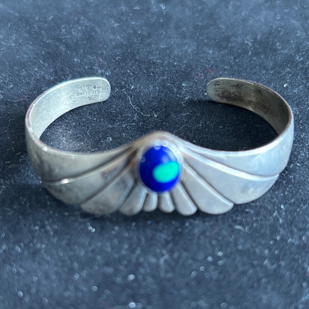 Navajo Native American DAS Sterling Silver Cuff Bracelet with Blue Stone